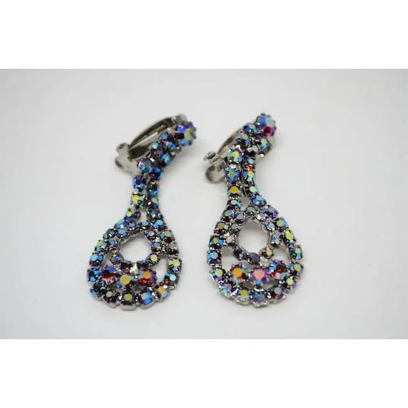 Rhinestone Aurora Borealis Teardrop Clip On  Earrings - Picture 1 of 8